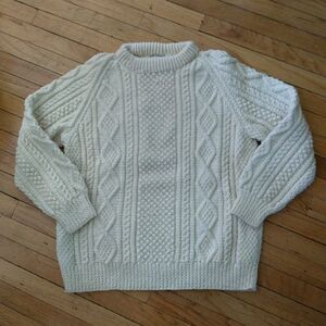 Aran Handknit Sweater Womens XL Cream Wool Cable Knit Donegal Chunky Fisherman